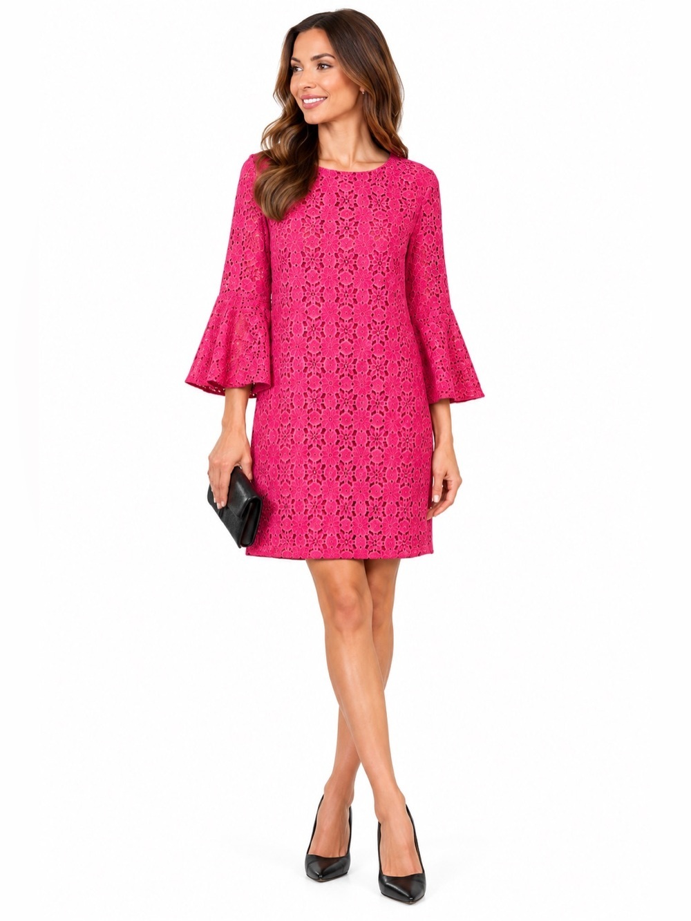 Trina Turk bright pink lace dress with bell sleeves. Fully lined. Size 14